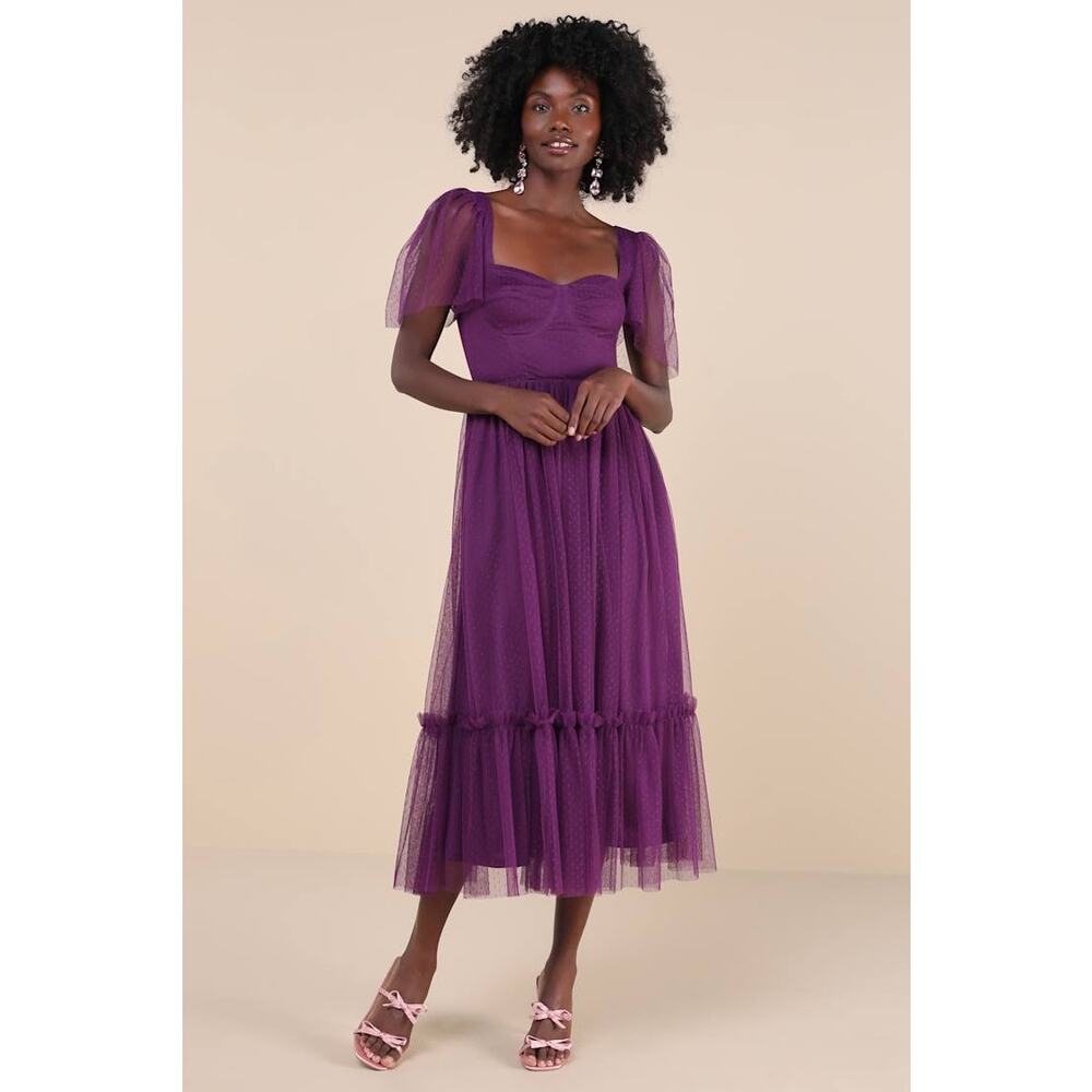 NWT Lulus Dreamy Celebration Plum Purple Tulle Bustier Swiss Dot Midi Dress Sz S